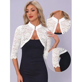Allegra K Elegant Lace Bolero Shrug for Women 3/4 Sleeve Stand Collar Sheer Floral Lace Cardigan Top Medium White