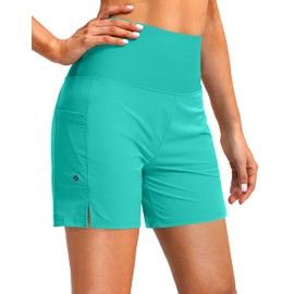 G Gradual Women's 5" High Waisted Swim Board Shorts with Phone Pockets UPF 50+ Quick Dry Beach Shorts for Women with Liner(Cyan, Large)