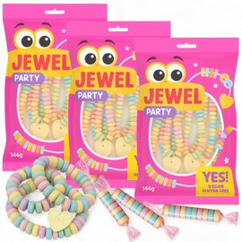 MIJOMA Candy Jewel Party - Vegan Glucose Candy Set of Candy Chains, Bracelets & Rolls - 3 Bags of 144g - Gluten Free, Sweet Chains for Snacking & Gifting, Individually Wrapped
