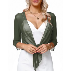 Aiboria Womens 3/4 Sleeve Sheer Mesh Shrug Tie Front Cropped Bolero Cardigan Dark Green S-XXL