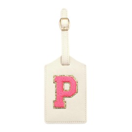 Initial Luggage Tag, PU Leather Luggage Tag, Embroidered Luggage Tag, Letter Luggage Tag, Monogrammed Luggage Tag, Luggage Tag for Baggage Bag Suitcase (P, White Leather+Rose Red Letter)