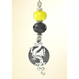 Two-Sided Ceiling Fan Pull with Green Dragon Eye, Silver Dragon Charm and Jade Stone