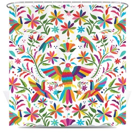 Mexico Floral Shower Curtain for Bathroom, Traditional Mexican Bluebird Otomi Style Bright Pattern Bath Curtains, Paisley Flowers Ethnic Color Fabric Modern Bathroom Accessories with Hooks 69x78