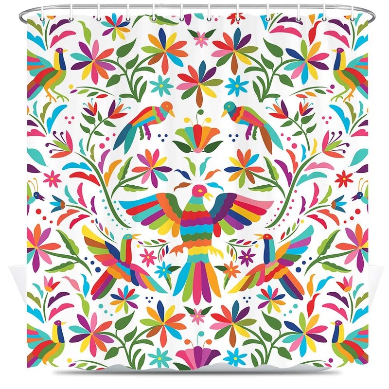 Mexico Floral Shower Curtain for Bathroom, Traditional Mexican Bluebird Otomi