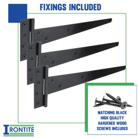 IRONTITE® 3 Pack Black T Hinges 350mm (14"), Gate Hinges for Wooden Gates Or Garden Shed Hinges, These Garden Gate Hinges are Black Coated for Lasting Weather Protection