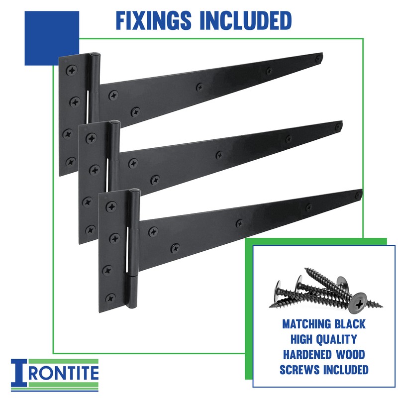 IRONTITE® 3 Pack Black T Hinges 350mm (14"), Gate Hinges