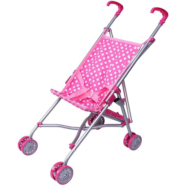 Click N' Play Precious Toys Pink and White Polka Dots Umbrella Doll Stroller with Hot Pink Handles and Silver Frame - 0128B