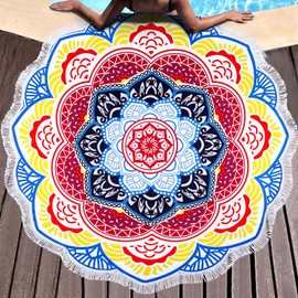 Benefeet Sox Large Mandala Beach Towel Round Microfiber Circle Beach Towels Bohemian Roundie Beach Blanket Quick Dry Beach Throw Blanket Sand Free Pool Towels, 59 Inches Multicolored