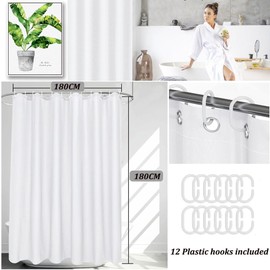 Shower Curtain for Bathroom, 180 x 180 cm (71 x 71 Inch), White Shower Curtain, Mould Resistant Shower Curtains, Bathroom Curtains, PEVA Shower Curtain, Bath Curtains with 12 Hooks,Washable,Waterproof