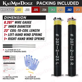 Pair of 2" Garage Door Torsion Springs Set with Non-Slip Winding Bars & Gloves, Precision Electrophoresis Black Coated Without Oil, for Replacement & Installation, MIN 16,000 Cycles(0.207x2''x23'')