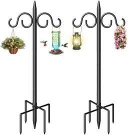 Double Shepherds Hooks for Outdoor, 108 Inch Heavy Duty Bird Feeder Pole with 5 Prongs Base, Adjustable Shepherds Hook for Bird Feeder, Garden, Weddings, Hanging Plant, 2 Pack