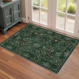 2x3 Floral Washable Area Rugs for Living Room, Vintage Boho Rug for Bedroom Dining Room， Distressed Botanical Birds Non Slip Low Pile Forest Animal Throw Carpet for Farmhouse Office, Bright Green