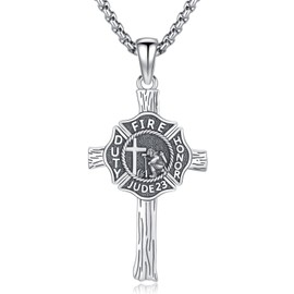 SIMONLY 925 Sterling Silver Firefighter Necklace Cross Pendant Necklace Fire Dept Firefighter Cross Protector Jewelry for Men Fathers Day