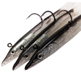 FLADEN Fishing - 3 Pack x 20cm Portland Sandeels Paddle Tail Weighted Softbait 20g Imitation Sea Lures - Size 3/0 Underbelly Hook (Black/Silver) [17-112027]