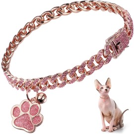 Hillban Cat Collar Diamond Chain Glitter Collar Walking Metal with Secure Buckle Cat Pet Necklace with Paw Charm Link Cuban Jewelry Accessories with ID Tag Bell(8 Inch,Rose Gold, Pink)
