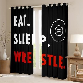 Wrestling Sports Window Curtains,Eat Sleep Wrestle Themed Kitchen Window Treatments,Wrestle Rodeo Black Red Window Drapes for Home Decor, 2 Panels, 42Wx63L inch