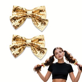 Gold Glitter Bow Hair Clips Sparkly Bows Accessories Barrettes for Women Girls Bling Bowknot Hair Clip Alligator Clips for Girls Glitter Ponytail Holder Hairpin with Sequins 2Pcs