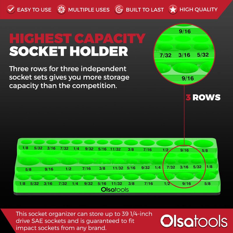 Olsa Tools Magnetic Socket Organizer - 1/4-Inch Drive, 3 Row