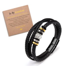 YELUWA To My Grandson Bracelet, Stainless Steel Braided Leather Bracelet Gift for Men Boy, Grandson Bracelet Gifts for Grandson Birthday Graduation Gifts for Him Men from Grandma Grandpa