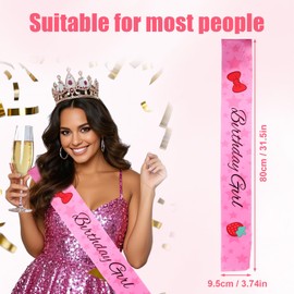 Birthday Sash, 31.5in Cute Pink Glitter Happy Birthday Sash Bow Strawberry Glowing Stars Shoulder Strap Princess Queen Cartoon Party Decorations Celebrations Supplies Accessories Favors for Women