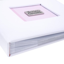 First Holy Communion photo album, soft pink design on white linen fabric (boxed gift - Holds 6x4 photos x 100) with lined message area