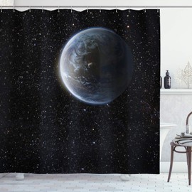 Ambesonne Galaxy Shower Curtain, Scenic View of Planet Earth from Moon Dark Cosmos Crater Sci Fi Theme Image Print, Cloth Fabric Bathroom Decor Set with Hooks, 70" Long, Blue Black