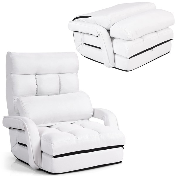 S AFSTAR Indoor Chaise Lounge Sofa, Folding Lazy Sofa Floor Chair with 6-Position Adjustable Backrest Lumbar Pillow, Folding Padded Lounger Bed with Armrests, Assembly-Free (White)