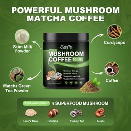 Catfit Mushroom Matcha Coffee - Matcha Green Tea Infused with 4 Superfood Mushrooms, Instant Coffee - Great Tasting Matcha Mushroom Powder for Focus, Energy, Digestive Support - 5.64 OZ (50 Servings)
