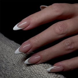 24pcs Almond False Nails - Nude Pink French Tip False Nail Tips - 12 Sizes Stick on Nails for Women - Medium Length Elegant White Tips Design Acrylic Fake Nails with Glue