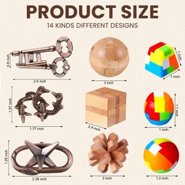 Syhood 14 Pcs Brain Teaser for Adults Metal Puzzles 3D Steel Puzzle for Adults Mind Puzzle Games Wooden Unlock Interlocking Puzzle Adult IQ Education Puzzle Toys Smart Toy (Classic)