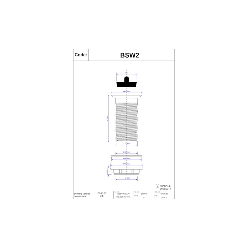 McAlpine BSW2 1.25" White Plastic Basin Waste - Backnut Model