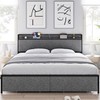 Full Size Bed Frame, Storage Headboard with Charging Station, Platform
