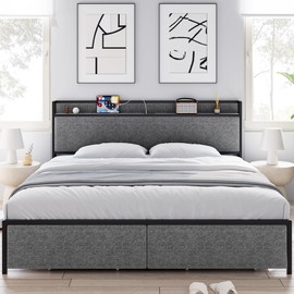 Full Size Bed Frame, Storage Headboard with Charging Station, Platform Bed Frame with 2 Drawers, No Box Spring Needed, Easy Assembly, Gray