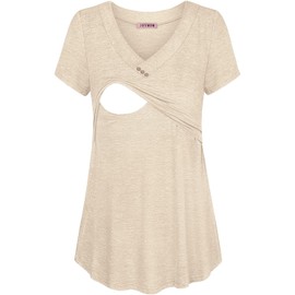 Joymom Nursing Tops for Breastfeeding Shirts for Women Breastfeeding Tops Postpartum Clothes V Neck Short Sleeve for Walking Beige L