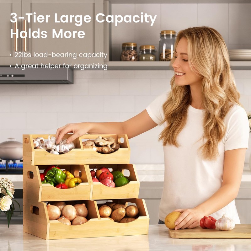 Onion Storage Bins Potato, 3 Tier Bamboo Pantry Storage Bin