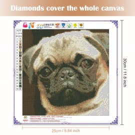 MXJSUA 5D Diamond Painting Full Round Drill Kits Diamond Painting Arts Kits for Adults, Gem Arts Painting Kits, 5D Pug Diamond Art Kits Adults Diamond Picture Art Craft for Home Decor 30x30cm Pug Dog