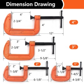 (4-Piece) C Clamps Set 1-Inch, 2-Inch, 3-Inch, 4-Inch Heavy Duty Steel Iron Alloy Versatile G-Clamps, Orange