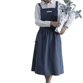 Women's Japanese Apron Cotton and Linen with Crossed Straps Bib Solid Colour Vintage Cotton Kitchen Apron with 2 Pockets for Chef, Gardening