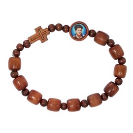 Carlo Acutis Stretch Rosary Bracelet, 9mm Brown Wood Beads, Photo Bead & Cross