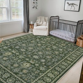 LIVEBOX Washable Area Rug 8x10 - Large Green Boho Living Room Rug Vintage Rugs for Bedroom, Non-Slip Retro Floral Carpet Print Distressed Accent Rugs for Dining Room Home Office