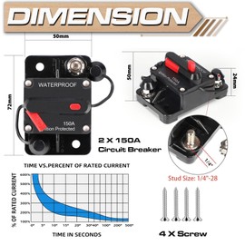 HOISGEAR Pack of 2 150 A Circuit Breaker Car Automatic Fuse Holder 12 V-48 V DC 150 A Waterproof Fuse Holder Automatic Fuse Switch with Manual Reset for Car Truck Boat Marine Stereo