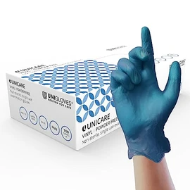 UNIGLOVES Unicare Vinyl Examination Glove, Medical Grade EN455, Medium Weight, Box of 100 Gloves, Blue, Size Extra Large (GS0085-A)