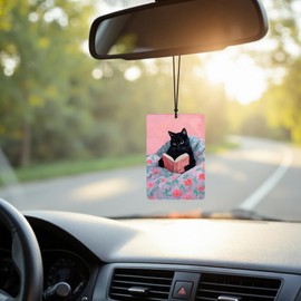 DEQSX Funny Cat Reader Book Car Air Freshener 4 Pcs, Preppy Pink Floral Black Orange Tabby Cats Bookish Hanging Air Freshener for Cars Closet Drawer Books, Girly Car Accessories Mirror Decor for Women