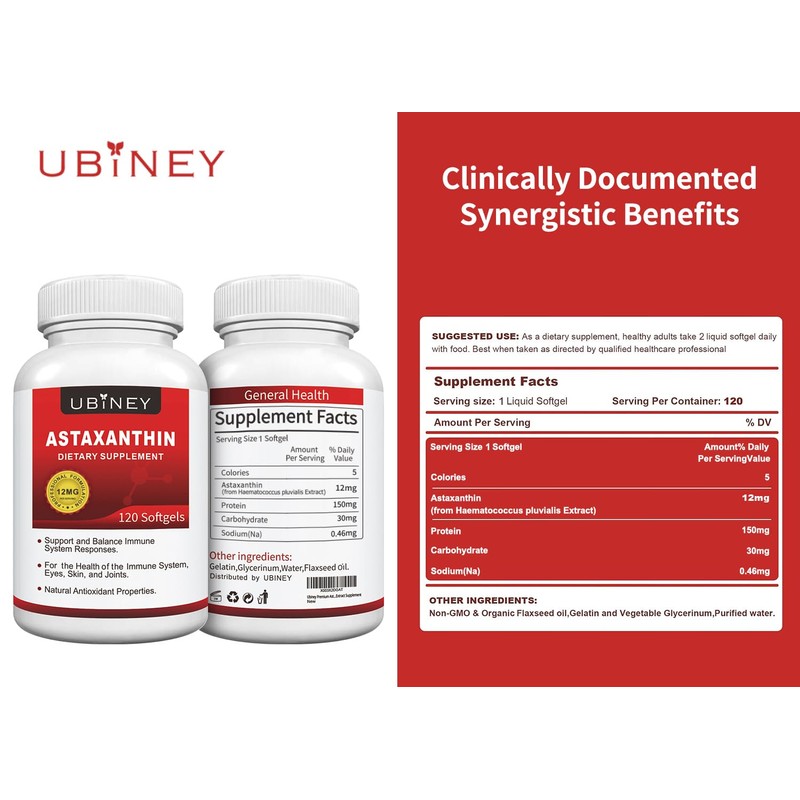 Ubiney Premium Astaxanthin Supplements 12mg， Softgels 120 Servings, Supports Immune,