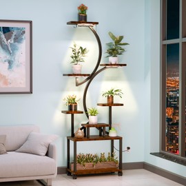 Plant Stand Indoor with Grow Lights, 61" Tall 8 Tiered Indoor Plant Shelf, Flower Stand for Multiple Plants, Multi-tier Planter Pot Holder with 4 Wheels, S-Shaped Plant Rack for Balcony, Garden, Patio