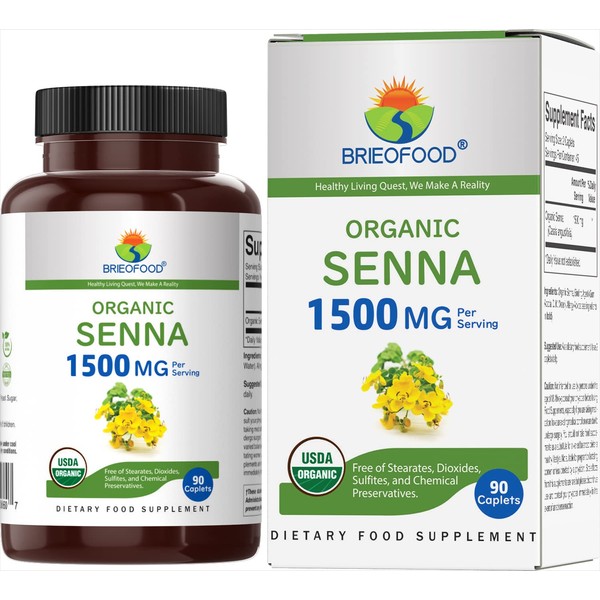 Brieofood Organic Senna 1500mg, 45 Servings, Vegetarian, Gluten Free, 90 Vegetarian Tablets