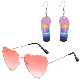 2 Piece Hawaii Outfit Women's Set, 1 Pair of Earrings for Women and 1 Piece Heart Sunglasses, Jewellery for Girls for Summer Parties and Everyday Life, for Hawaiian Costume Tropical Luau Party