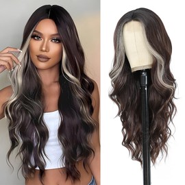 Long Wavy Wig with Lace Hairline 26 Inch Middle Part Curly Wigs for Women Synthetic Heat Resistant Fibers Wig for Daily Wear and Party Use (Brown Mixed Blonde)