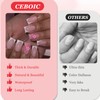 24Pcs Pink Flowers Press on Nails, Short Square French White