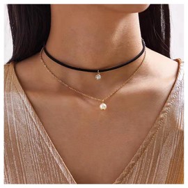 Erimberate Black Leather Choker Necklace Bohemian Layered Pearl Pendant Necklace Pearl Crystal Necklace Chain Vintage Pearl Choker Necklace Jewelry for Women